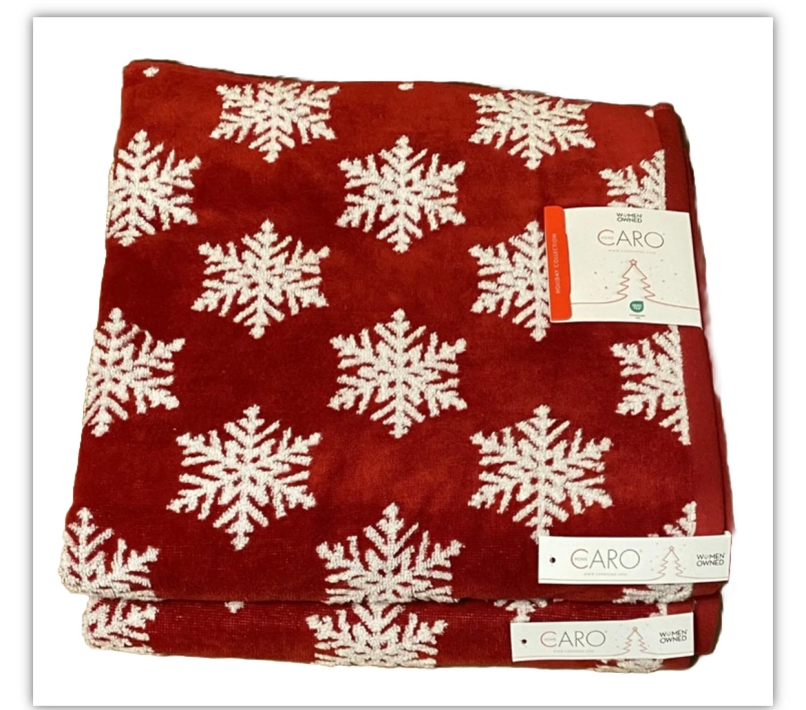 CARO Home Christmas Red & White SNOWFLAKE Bathroom Bath Towel Set of 2 NEW