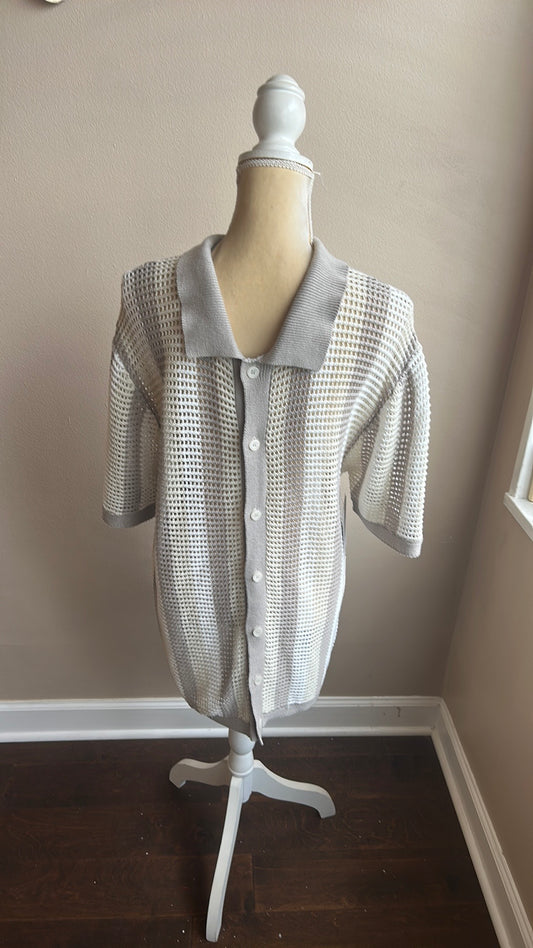 Massive Luxury  Shirt Men’s Crochet Knit Button Down Collared New Ivory Beige
