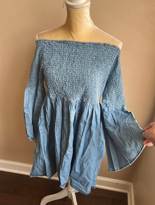 New Womens Plus Sz 2X Stone Washed Mini Denim Dress Bell Sleeve Cotton Blue