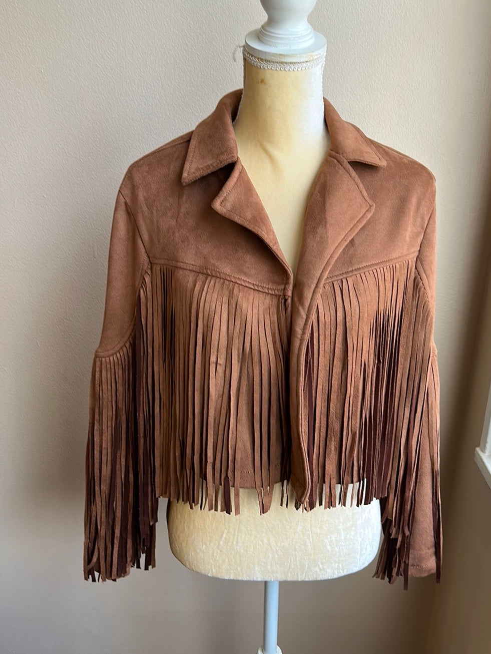 Sincerely Jules Womens Fringed Midwest style Jacket Sz XS New suede look Tan