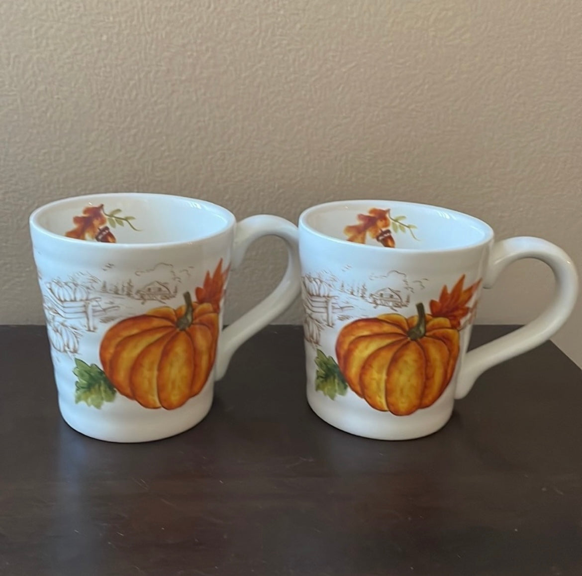 Set Of 4 Pumpkin Fall Coffee Mugs Cups New Thanksgiving Leaves Ceramic