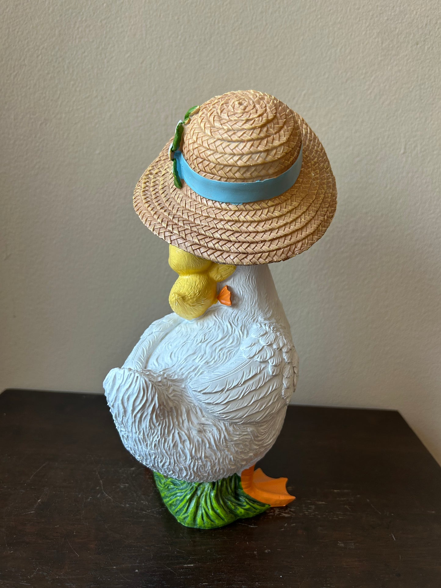 New Easter Duck Wearing Straw Hat With Easter Egg Basket Figurine 11” Tall