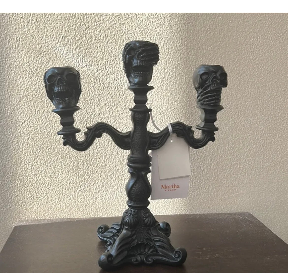 Martha Stewart BLACK Halloween Skull  Gothic Candelabra NWT 11.5” Tall