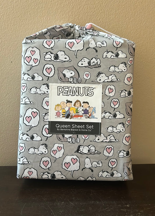 PEANUTS Queen SHEET SET Sleepy Snoopy Woodstock Valentine’s Day Love Pink Heart