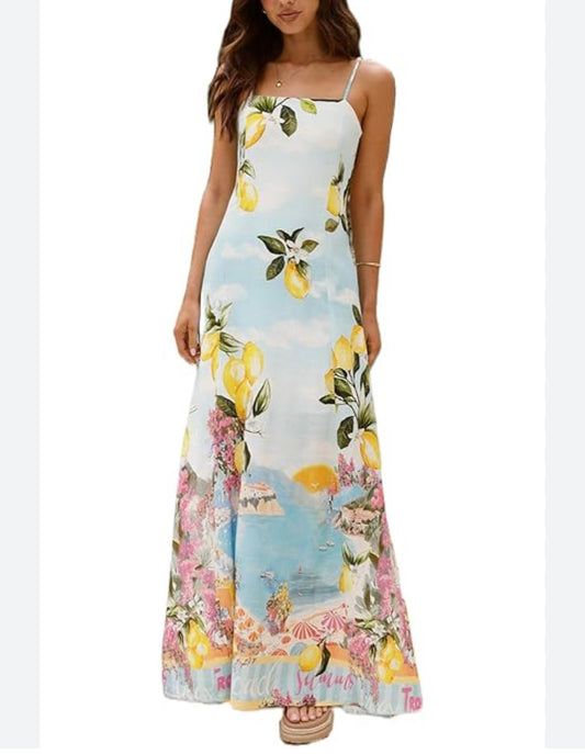 Paper Heart Women Maxi Dress Lemons New Floral Mediterranean Linen Blend