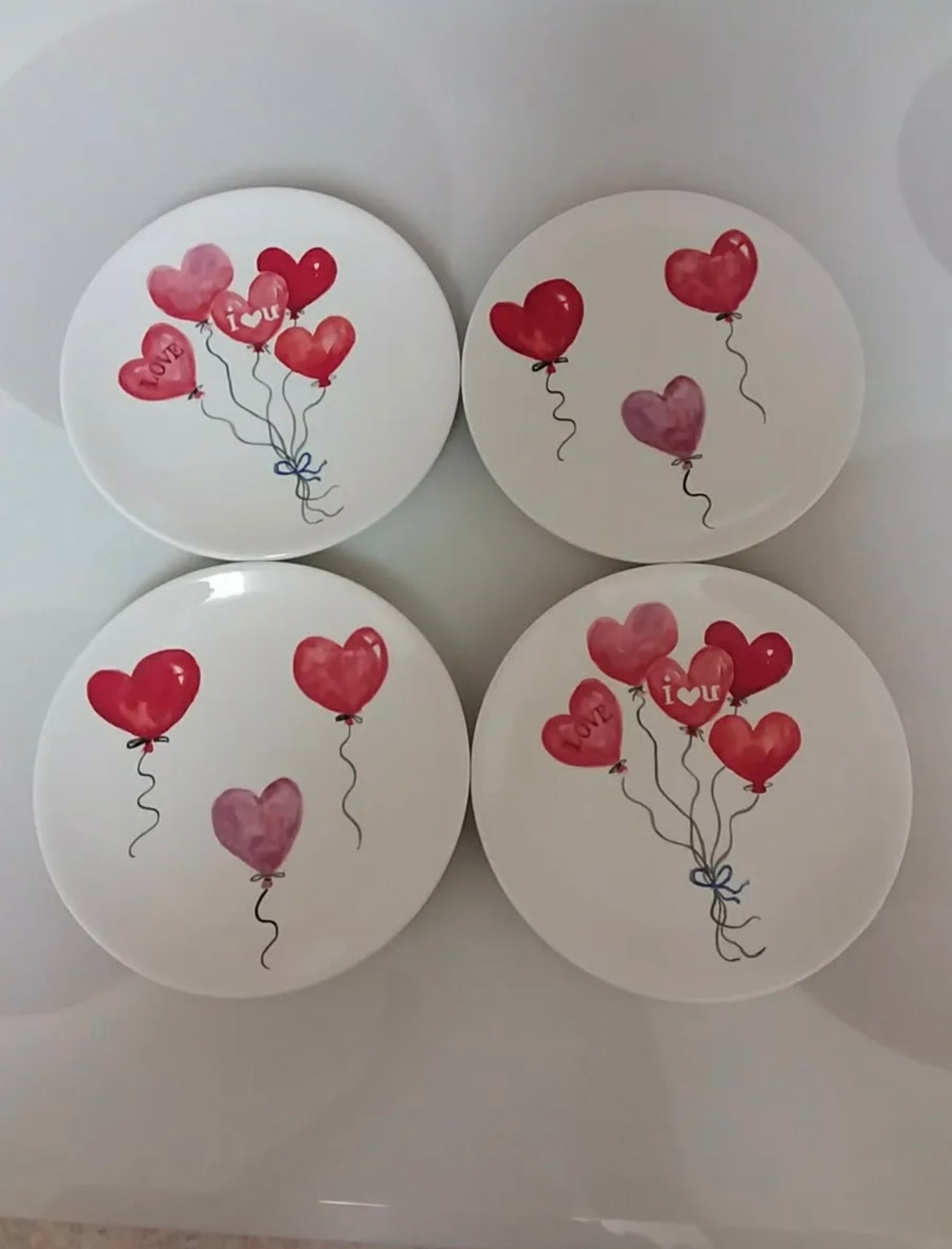 Set of 4 Maxcera 6" Appetizer Dessert Plates Pink Hearts Balloon  Love Design