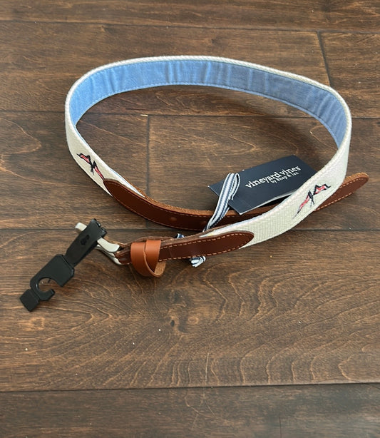 NWT Vineyard Vines Mens Nautical  Flags Leather Chambray Reversible Belt Sz 30