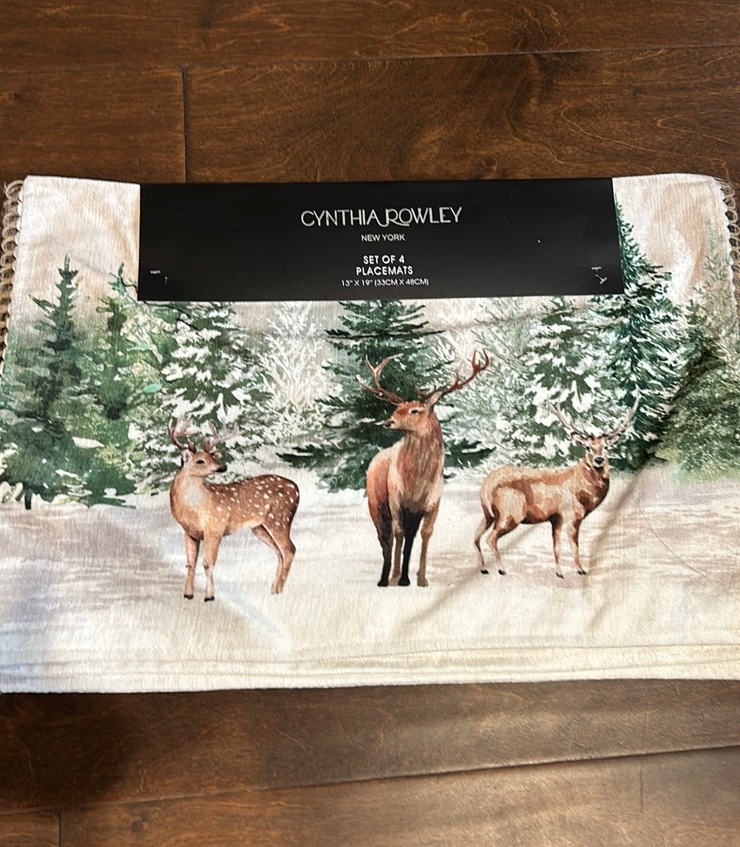 Cynthia Rowley Placemats Stag Deer Christmas Evergreen Trees Snow New Holiday