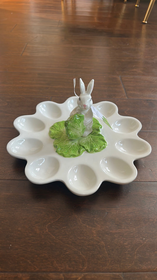 Corner Ruby Spring Easter Bunny Cabbage Ceramic Deviled Egg Serving Platter New