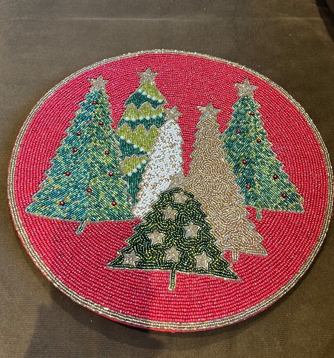 Tahari Beaded Charger Set Of 4 Placemat Christmas Trees Holiday Colorful