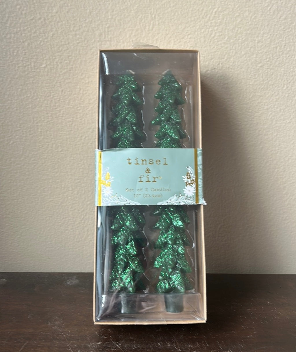 Tinsel & Fir Taper Candles 2 Pcs Christmas Tree 10” Green Shimmery