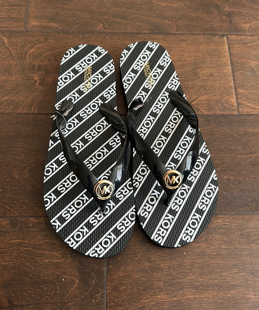 Michael Kors Womens Flip Flops Sz 8 Gold MK Logo Black White