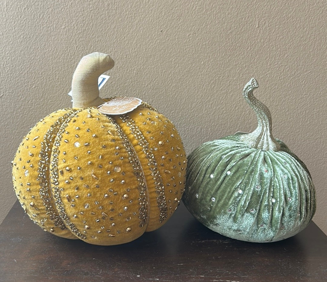Set Of 2 New Beaded Velour decorative Pumpkin Mustard Gold  Green Thanksgiving