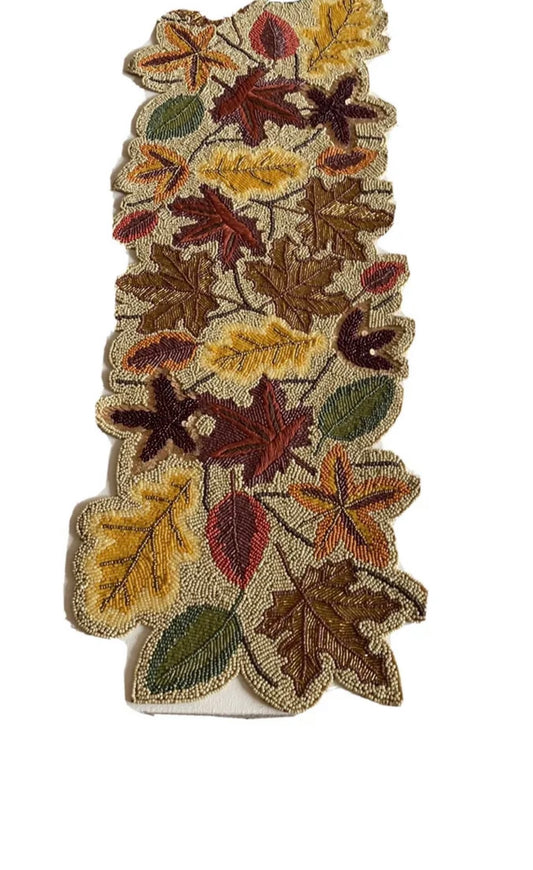 New Nicole Miller Fall Beaded Table Runner Autumn Leaves Thanksgiving New 13”x36