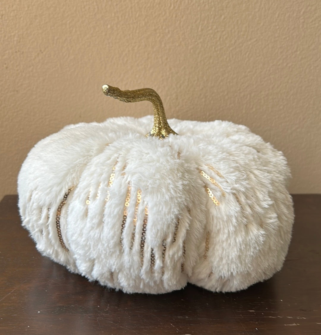 Cupcakes & Cashmere Faux Fur Plush Ivory Fall Halloween Pumpkin With Sequins