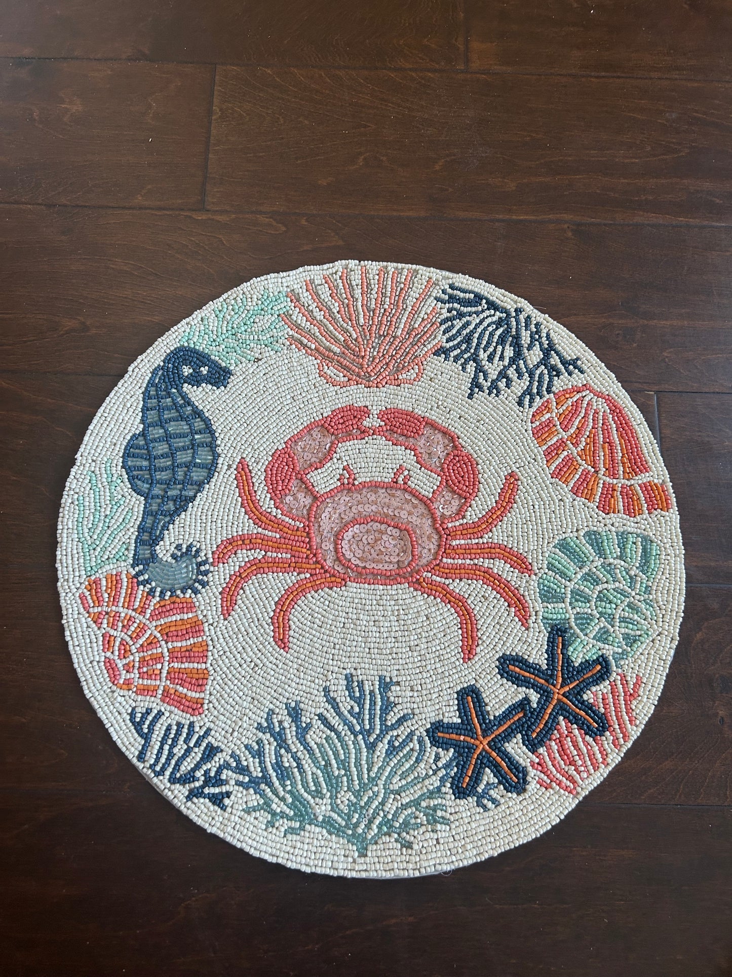 Tahari Beaded Charger Placemat New Ocean Life Sea Horse Crab 15”