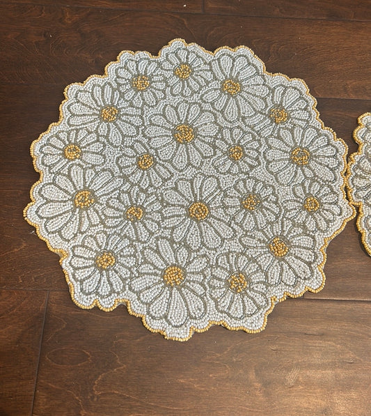 Nicole Miller Set Of 2 Beaded Chargers Floral New Spring Summer Yellow Scalloped