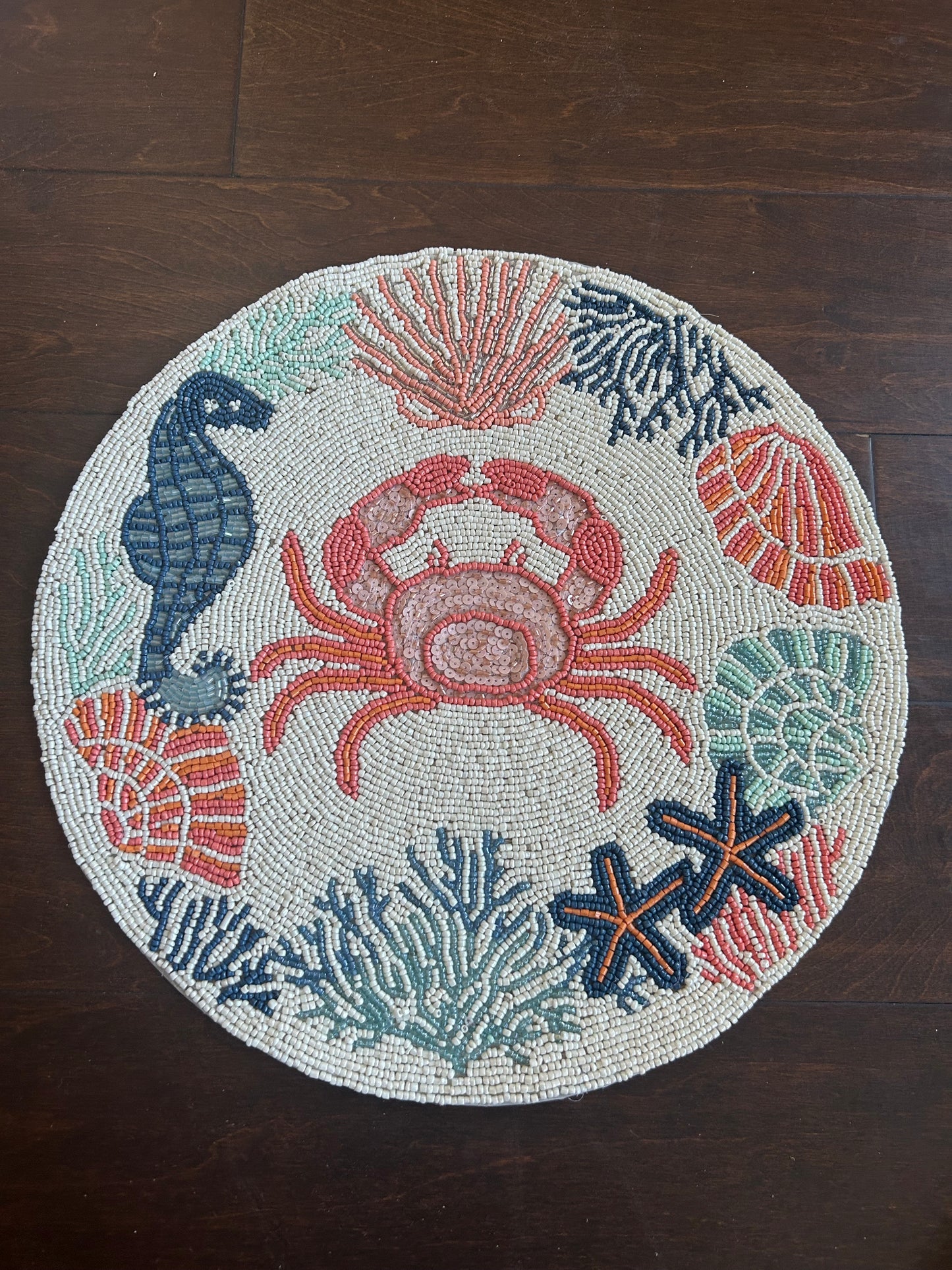 Tahari Beaded Charger Placemat New Ocean Life Sea Horse Crab 15”