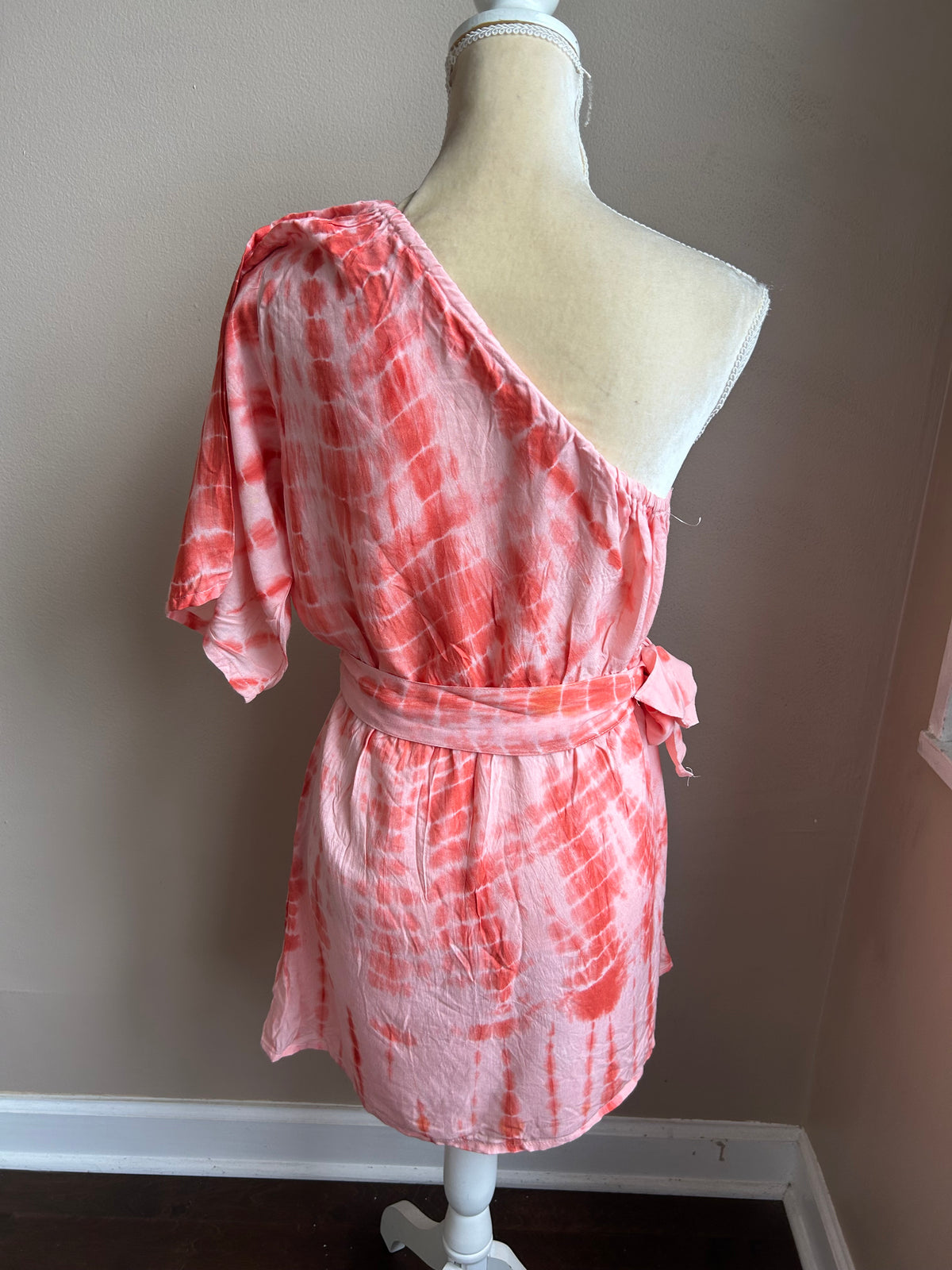 New Womens Tye Dye Dress Sz L Orange One Shoulder With Belt (GSC)