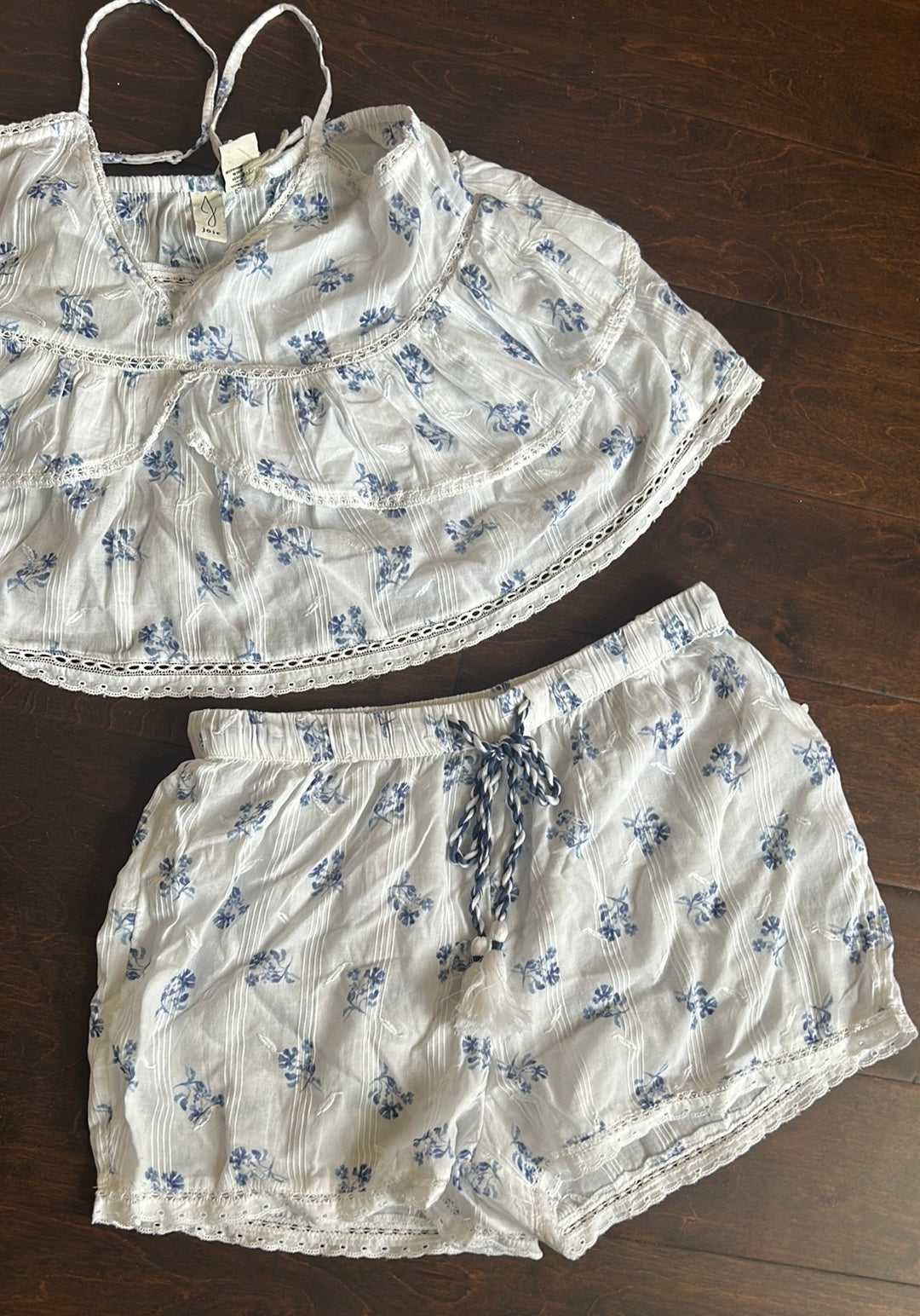 Joie Womens Blue White Embroidered Pajama Set Shorts Top New Lace Cotton Sz L