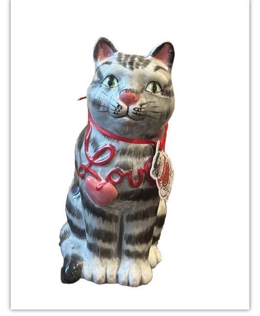 Blue Sky Clayworks Valentine LOVE CAT Black Gray Tabby Stripe 8.5” NWT