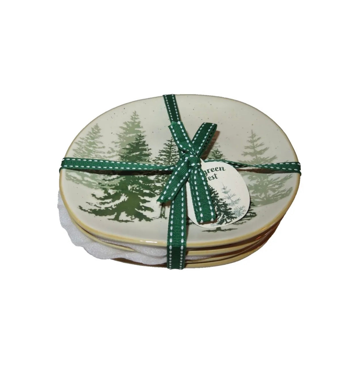 Eli + Ana EVERGREEN FOREST WOODS Ceramic Appetizer Plates Set of 4 - NEW