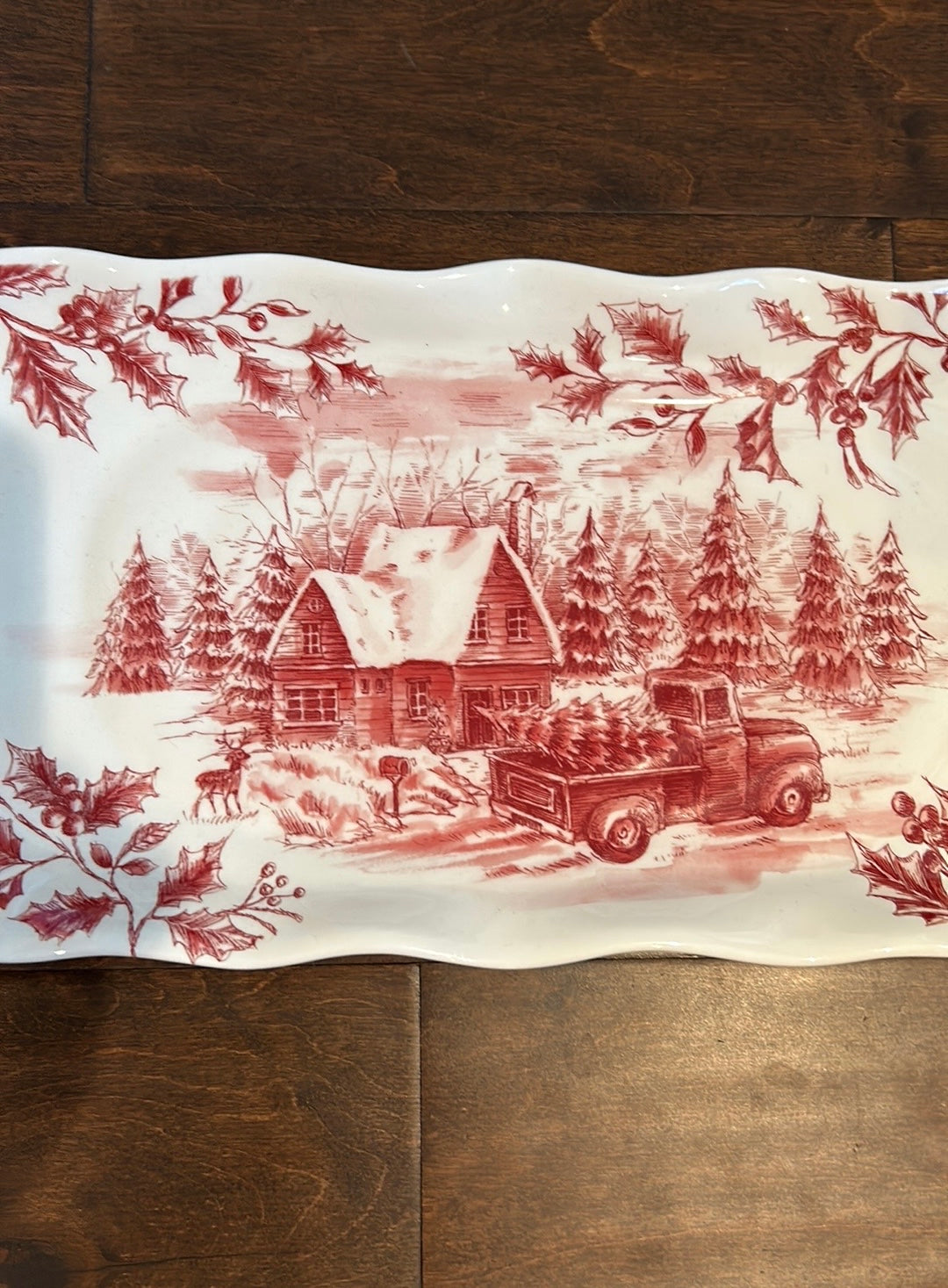 Maxcera vintage style Christmas serving Platter Red Truck Holly Berries Cabin