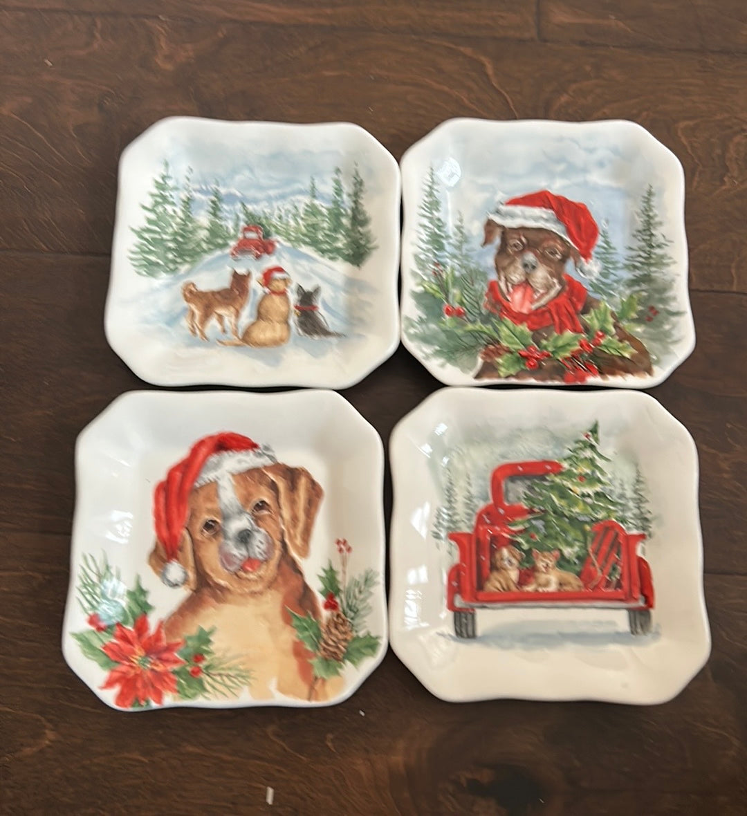 Maxcera Set Of 4 Christmas Appetizer Plates New Dogs Evergreen Trees