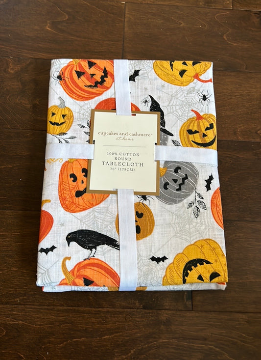 Cupcakes & Cashmere Halloween Tablecloth Pumpkin Crows Spiderweb 70” Round