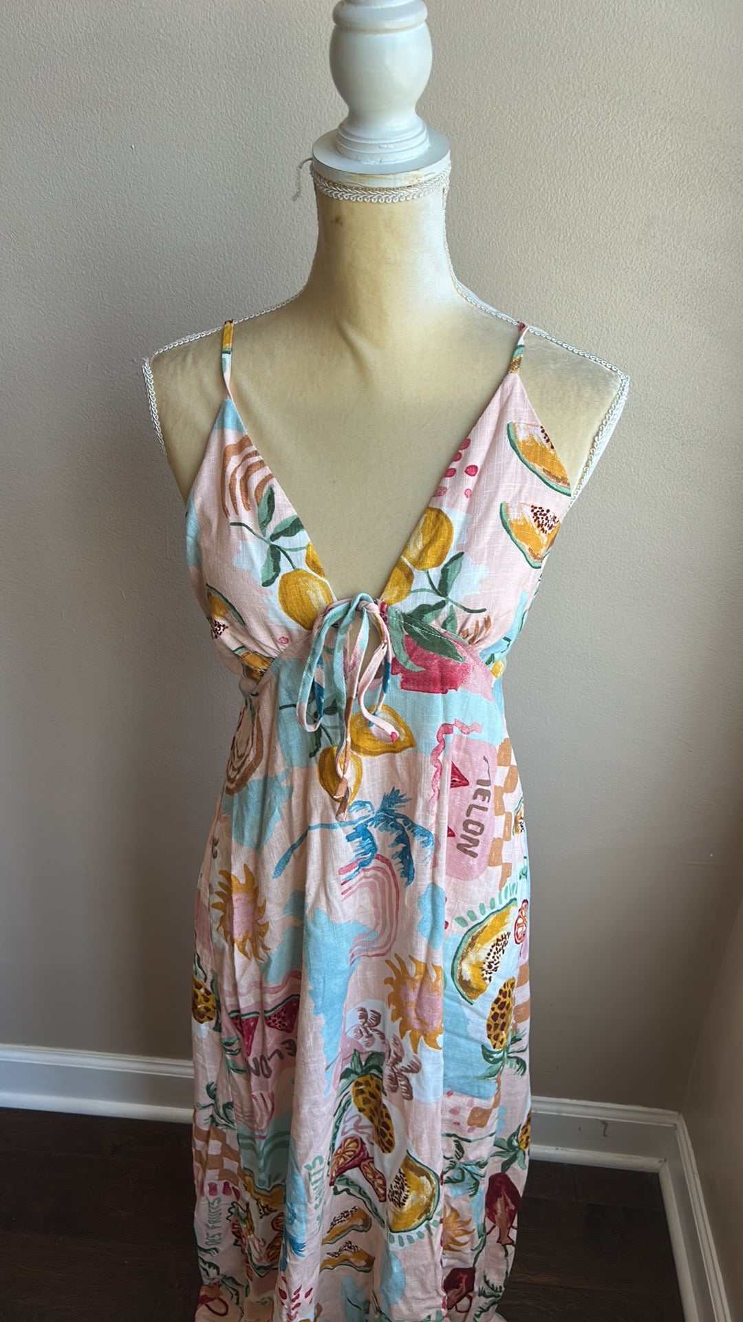 Paper Heart Womens Linen Blend   Dress Sz L Fruits Palm Trees New Tropical