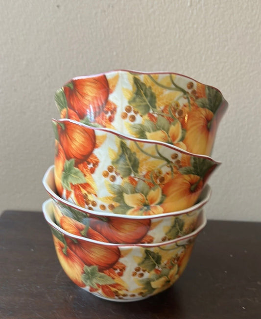 222 Fifth Set of 4 Bowls pumkin Vine Orange Fall Scalloped Thanksgiving New