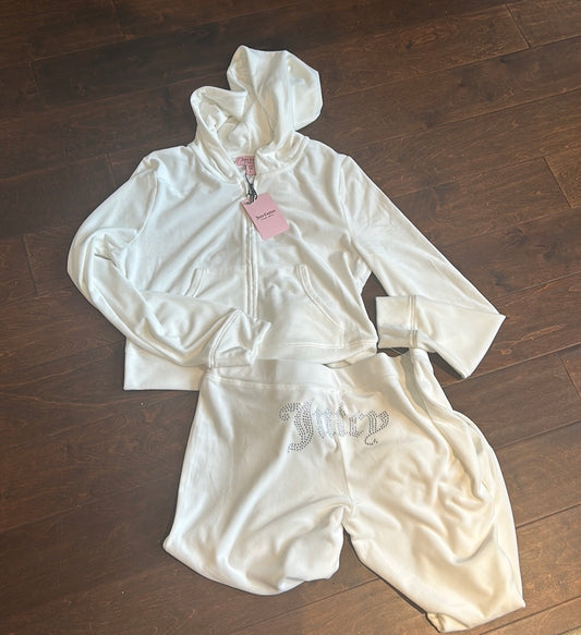 NWT JUICY COUTURE Velour Bling Tracksuit Hoodie/Pants Off White Sz L
