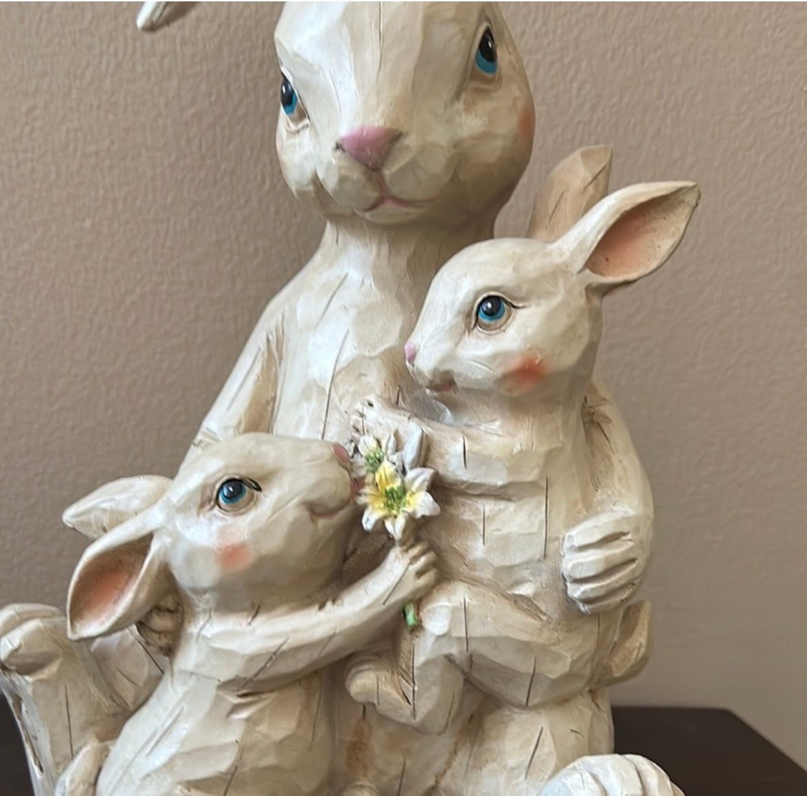 Bunny Rabbit With Baby bunnies Easter Beige Figurine Rustic New