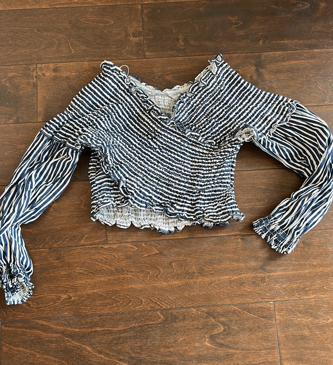 Zara Women’s Blouse Striped sz S Blue White New Linen Blend Cropped 3425