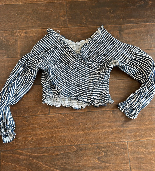 Zara Women’s Blouse Striped sz S Blue White New Linen Blend Cropped 3425