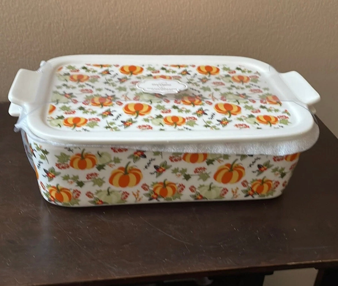 Grace Pantry Pumpkins Rectangular Porcelain Casserole Baking Dish & Lid New
