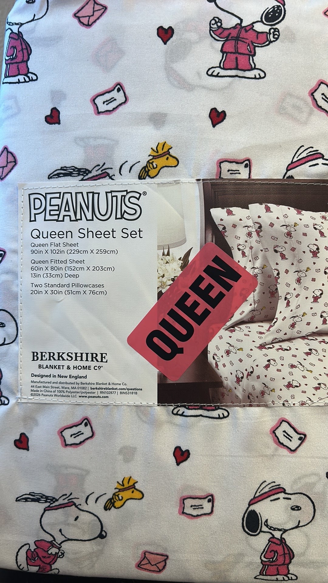 Snoopy Queen Sheet Set Valentines Day Red Hearts New Love Mail