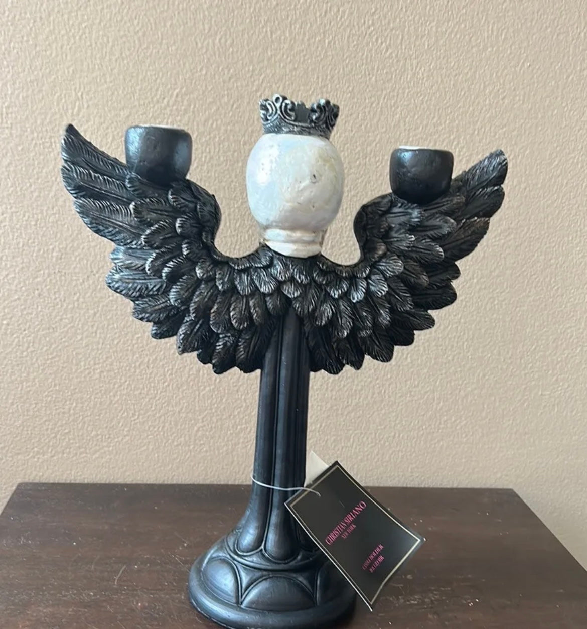 Christian Siriano New Halloween Candelabra holds 2 Candles King Skull witg Wings