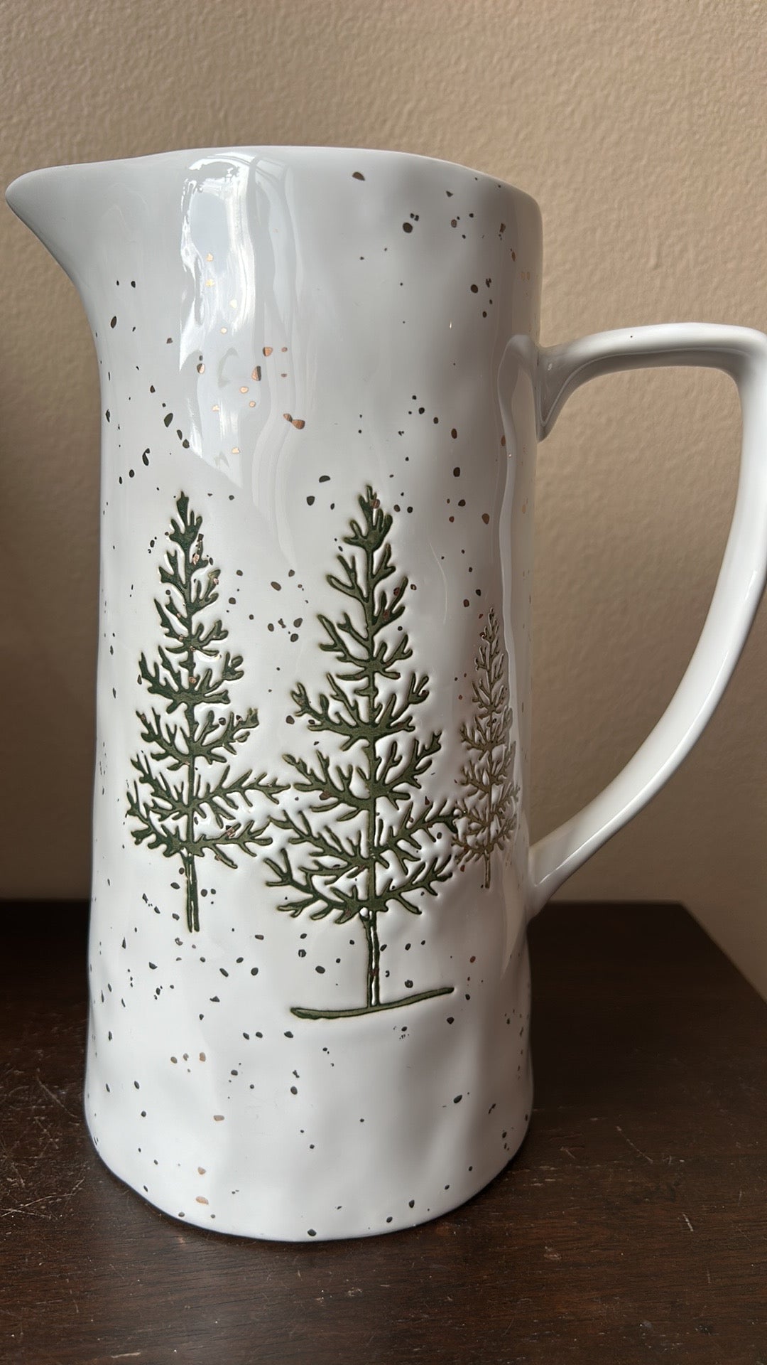 Potters Studio Ceramic Pitcher  Evergreen Christmas Trees Ceramic New 9 3/4”