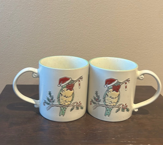 Eli & Ana Christmas Holly Hummingbird Santa Hat Candy Cane Mugs Set of 2 New