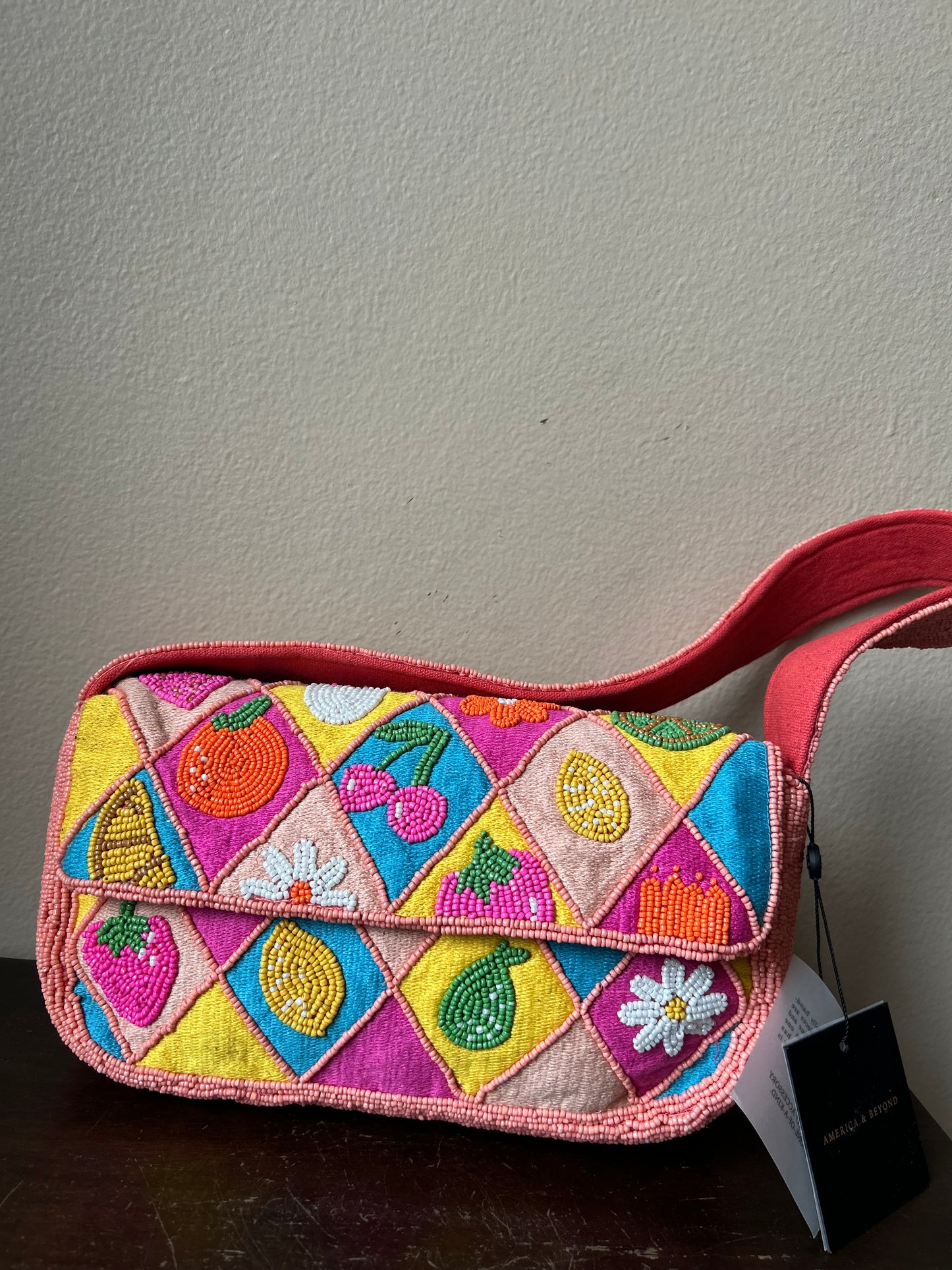 America & Beyond Beaded Pink Colorful Fruit Floral Shoulder Bag New