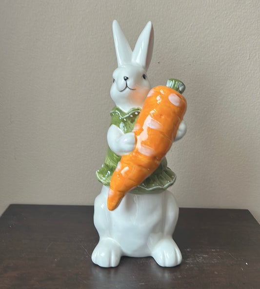New Ceramic Bunny Rabbit Holding Carrot Easter Figurine Spring Decor 12”