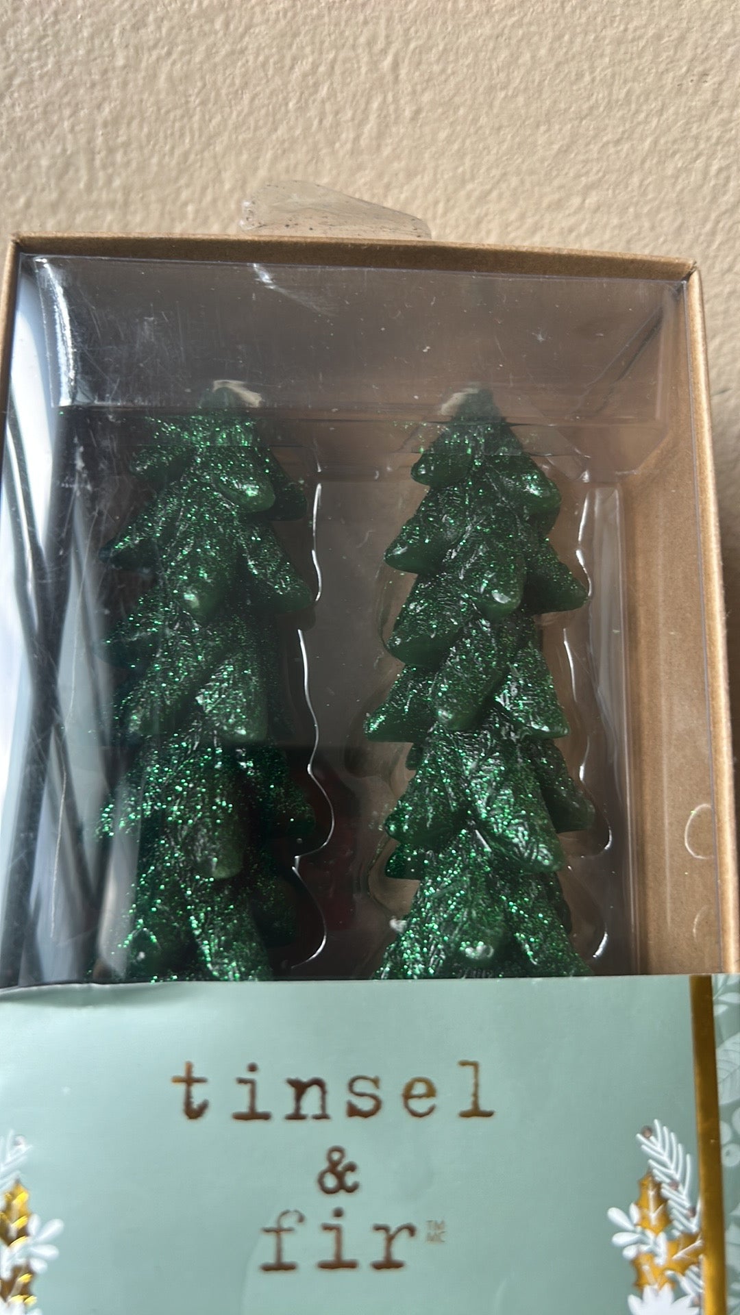 Tinsel & Fir Taper Candles 2 Pcs Christmas Tree 10” Green Shimmery