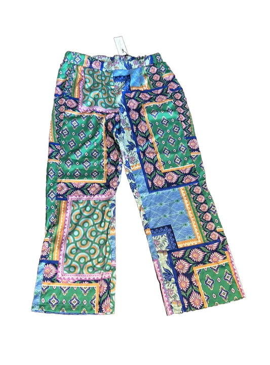 Rachel Zoe L Bohemian Print Pants Wide Leg Green Moroccan Silky Boho Sz M