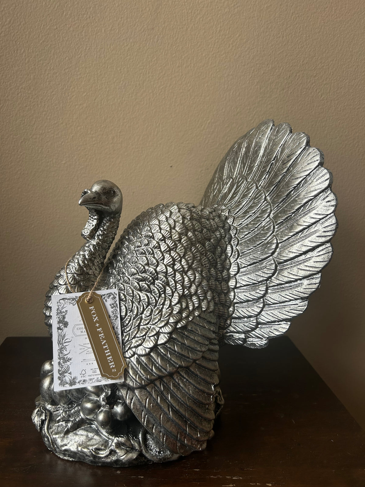 Fox + Feather Turkey Silver Tone New 12” Tall Fall Thanksgiving Centerpiece