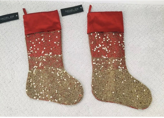 2 Rachel Zoe RED with GOLD Beads and Sequins LUXURY Christmas Stocking