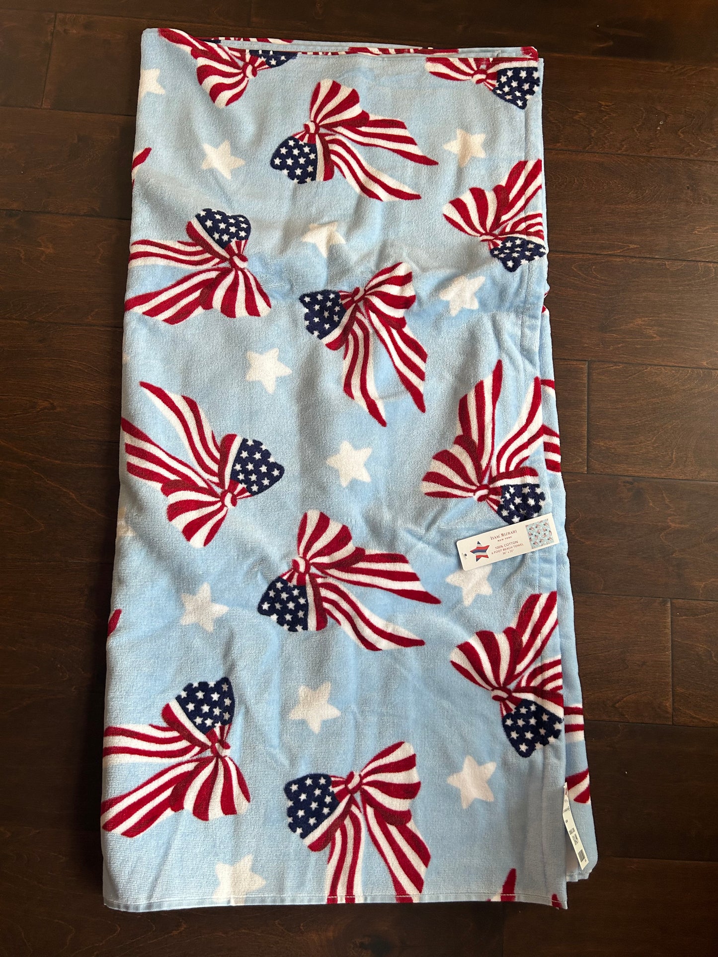 Isaac Mizrahi Beach Towel Americana Flags July 4th Cotton Blue red Bows 36”x72”