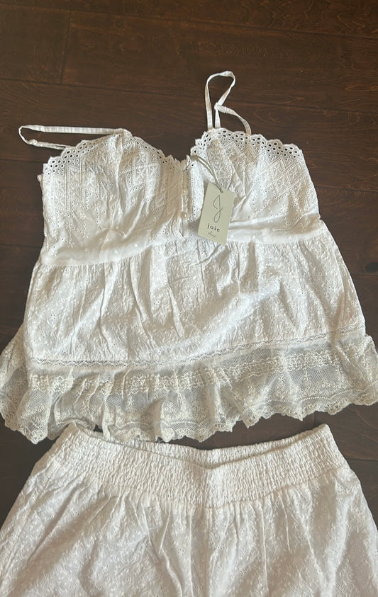 Joie Womens White Eyelet Pajama Set Shorts Top New Lace Detail Cotton Sz M