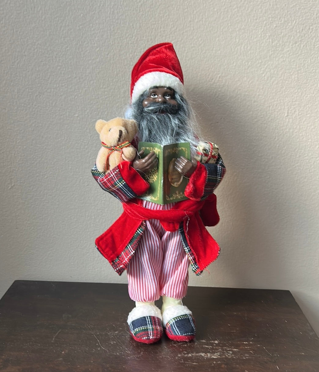 African American Santa Claus Wearing Pajamas Robe With Book New Christmas 12.5”