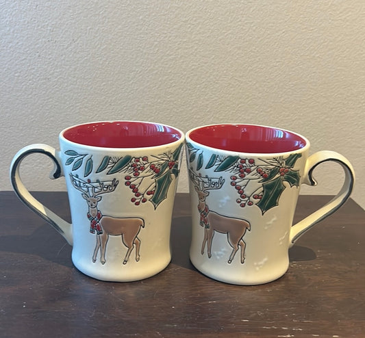 Eli & Ana Set of 2 Coffee Mugs Reindeer Christmas Holly Berry  New